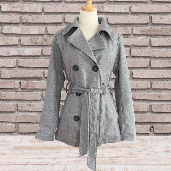 Classic Lines Heather Grey Double Breast Tie Waist Belt Fully Lined Pea Coat - Picture 2 of 11